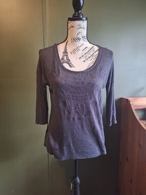 Zara Charcoal Embroidered Scoop Neck Long Sleeve Tee